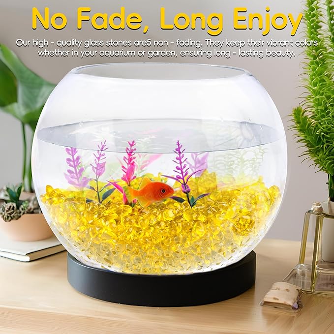 Meschett Colorful Glass Stones, 1 LB Fish Tank Gravel, Small Irregular Rainbow Aquarium Gravel for Aquarium Decorations and Turtle Tank, Sea Glass Beads Crystals for Fish Bowl, Vase Filler,Yellow