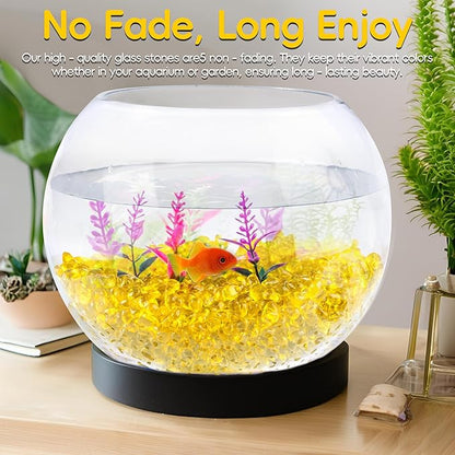 Meschett Colorful Glass Stones, 1 LB Fish Tank Gravel, Small Irregular Rainbow Aquarium Gravel for Aquarium Decorations and Turtle Tank, Sea Glass Beads Crystals for Fish Bowl, Vase Filler,Yellow