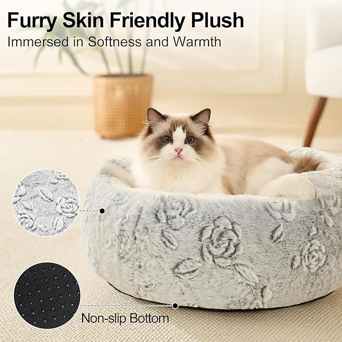 Calming Dog Beds & Cat Cave Bed with Hooded Cover,Removable Washable Round Beds for Small Medium Pets,Anti-Slip Faux Fur Fluffy Coved Bed for Improved Sleep,Fits up to 15/25 lbs(Rose,S)