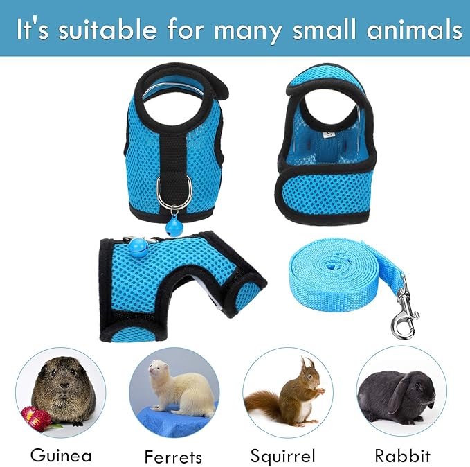SATINIOR 2 Pieces Guinea Pig Clothes Baby Ferret Rats Hamster Soft Mesh Harness Leash Vest Set with Bell for Guinea Pigs, Hamster, Ferret, Rabbit, Chinchilla and Similar Small Animals (Blue, Black,S)