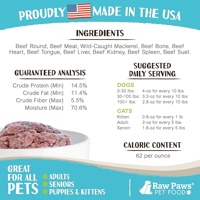 Raw Paws Signature Blend Pet Food for Dogs & Cats - Beef & Wild-Caught Mackerel Recipe, 1-lb Rolls (20 Pack) - Freshly Made in USA Natural Beef Fish Dog Food - Mackerel for Dogs, Raw Cat Food