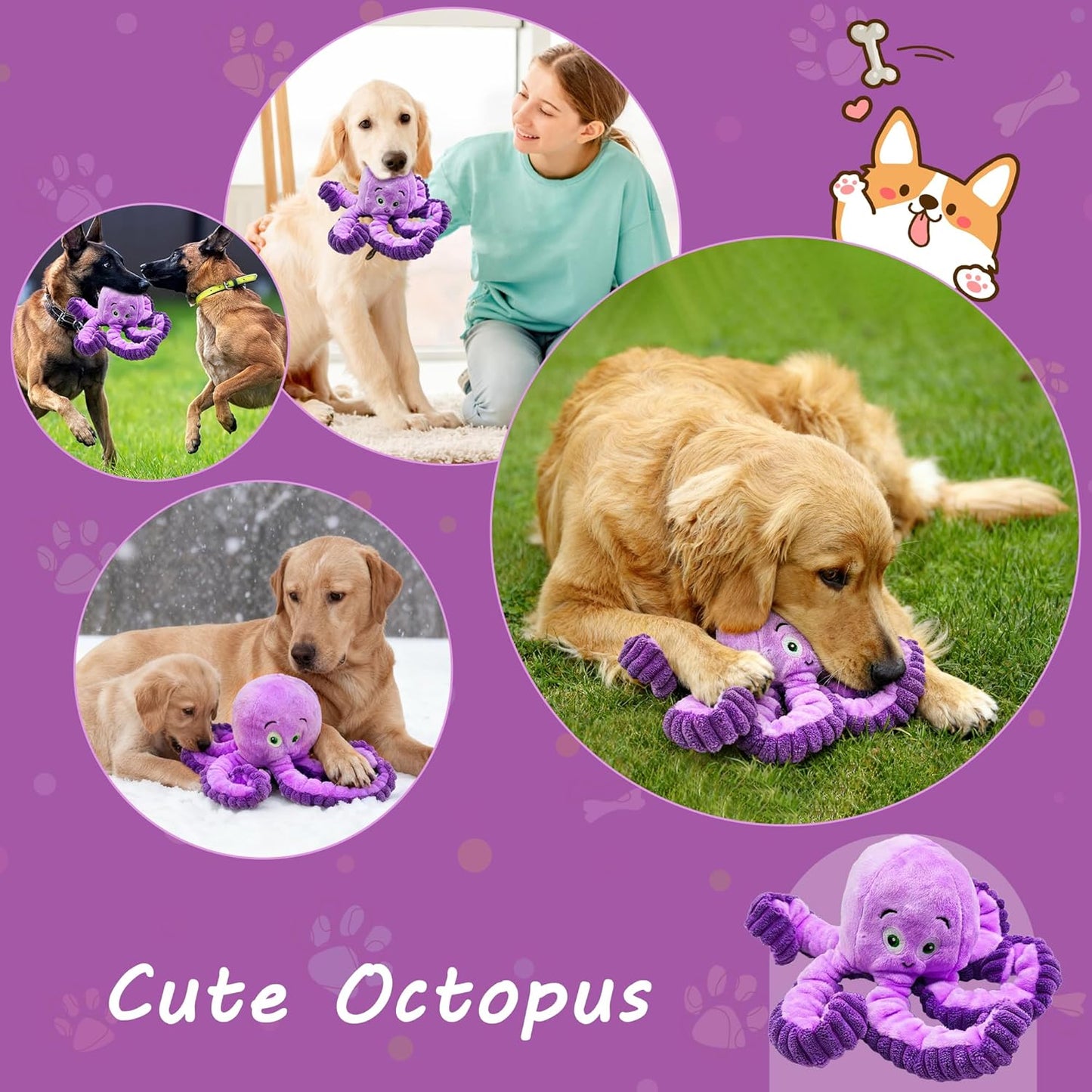 Squeaky Dog Toys, Stuffed Large Dog Toys to Keep Them Busy, Interactive Plush Chew Toys with Crinkle Paper, Tough Pet Animal Toys for Small Medium Large (Purple Octopus)
