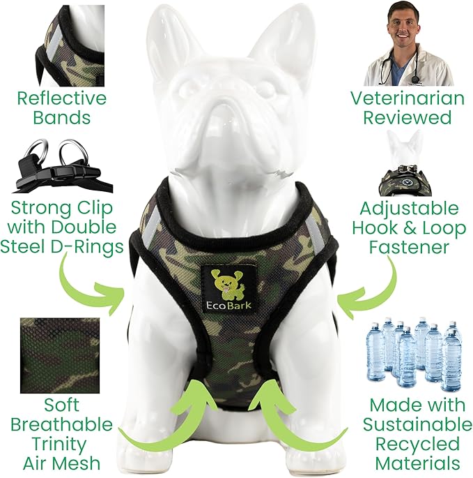 EcoBark Step in Dog Harness - Eco-Friendly Dog Harnesses for for Small & Medium Breed Dogs - Reflective and Adjustable Chest Body Halter Vest -Soft Luxurious Mesh (Camo, XL)