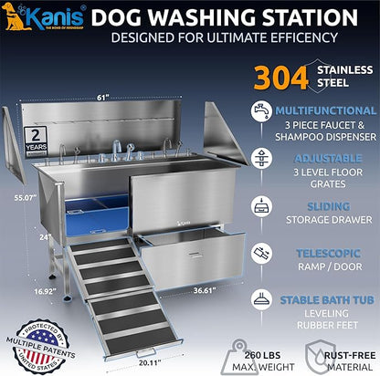 KANIS Professional Dog Washing Station - 304 Stainless Steel Pet Wash Sink & Grooming Bathtub w/Shower, Floor Grates and Storage for Large, Medium & Small Pets (61", 1 Drawer - Left Ramp)