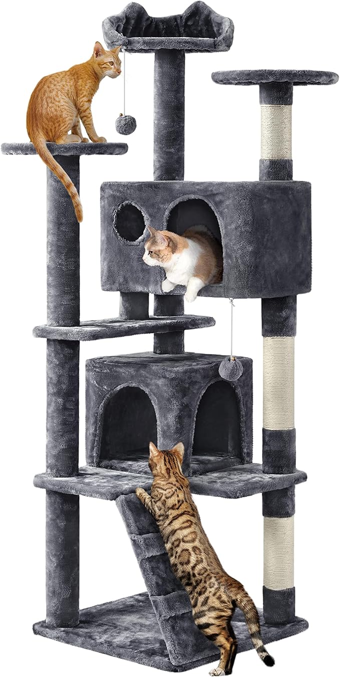 Yaheetech Cat Tree Tower, Multi-Level Large Plush Condo Cat Furniture with Sisal Scratching Posts and 2 Danglinge Balls Gray