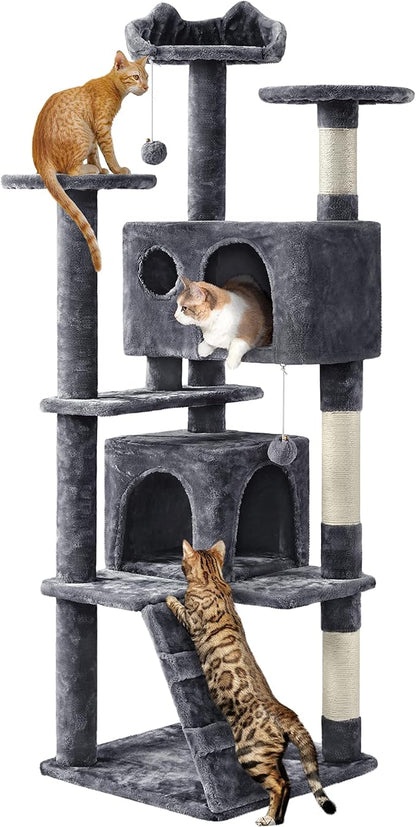 Yaheetech Cat Tree Tower, Multi-Level Large Plush Condo Cat Furniture with Sisal Scratching Posts and 2 Danglinge Balls Gray