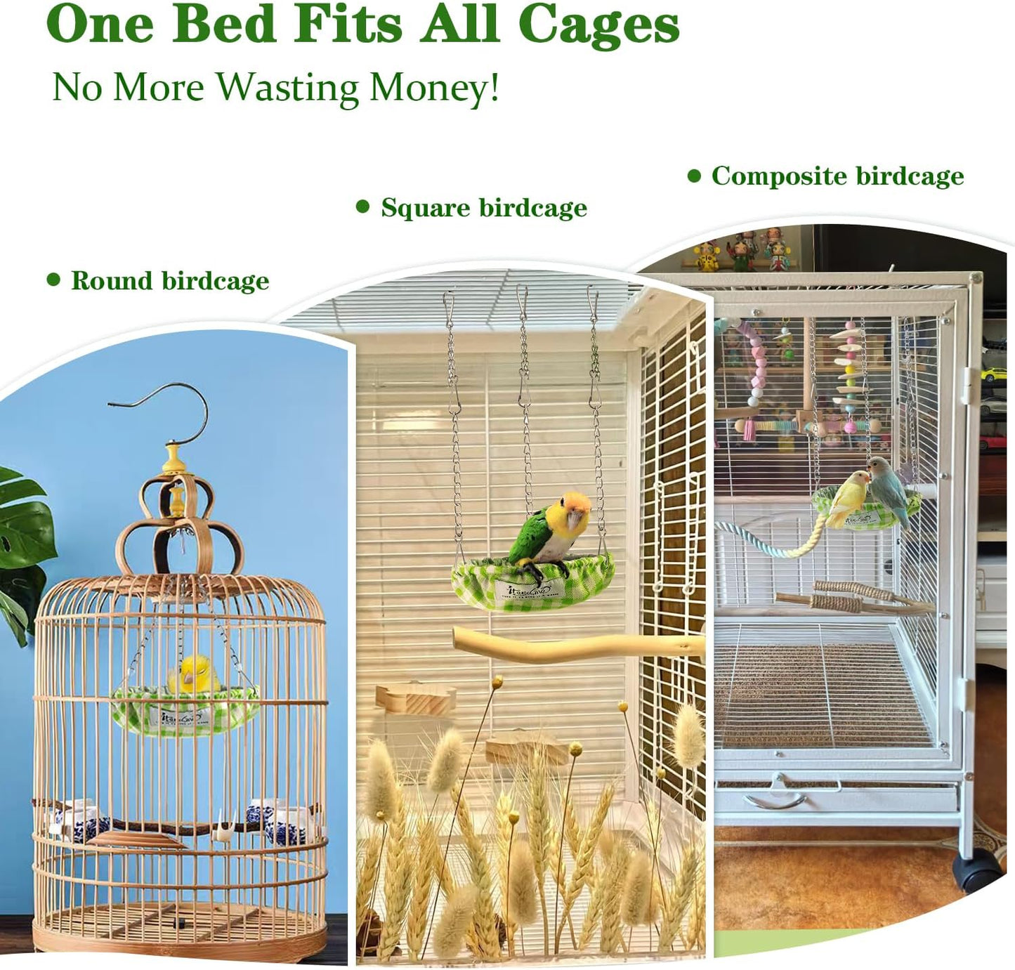 Waterproof Bird Bed with Adjustable Chain, Customizable Height Hanging Bird Hammock for Cage, Small Size Bird Nest with Durable Non-Collapsible Bottom, Bird Hut for Conures, Budgies (Green)