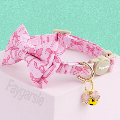 Faygarsle 2 Pack Pink Bow Pattern Cat Collar Set with Bandana and Bowtie, Breakaway Safety Collar with Bell Spring Summer Design for Girl Cats
