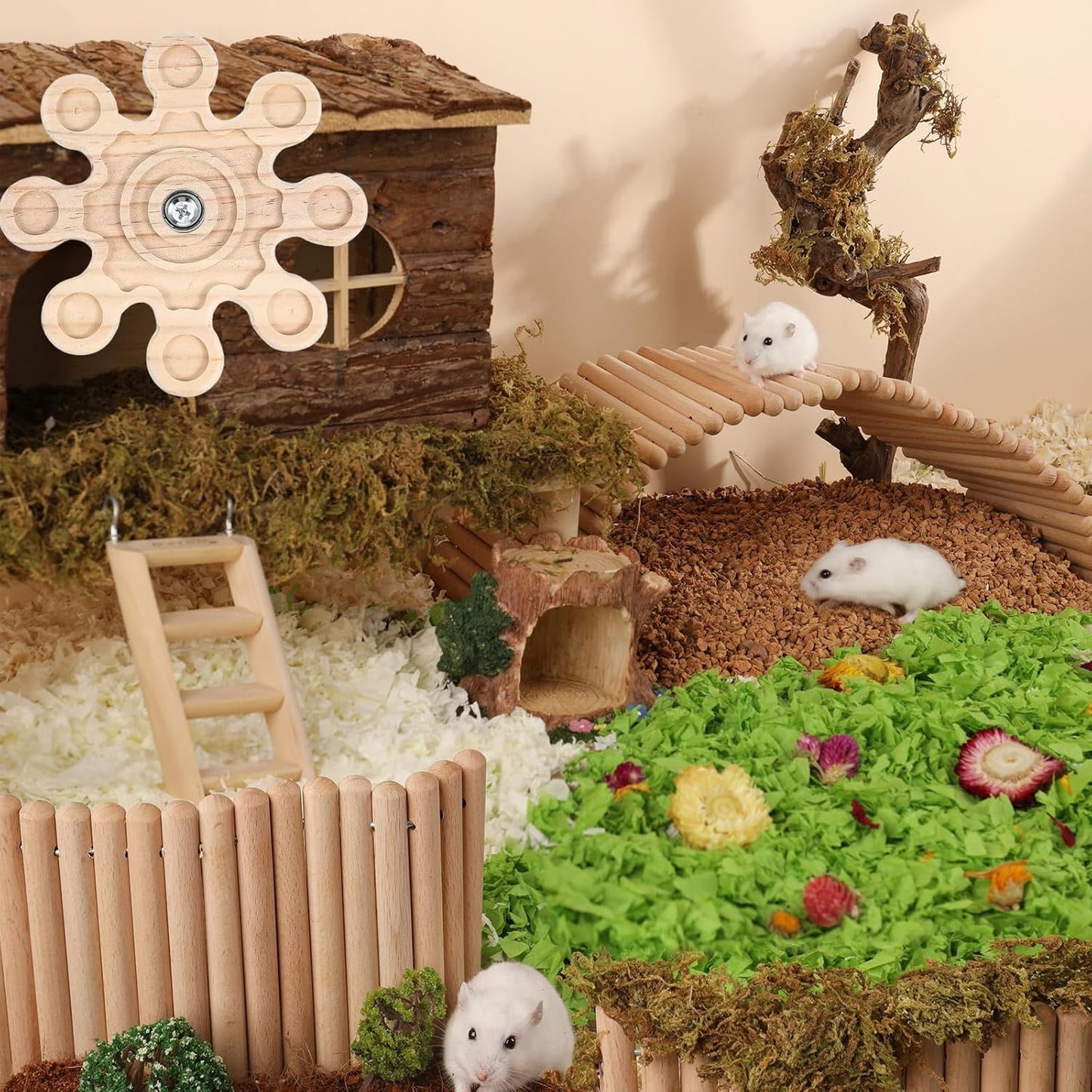 KABASI Rotating Natural Wood Chinchilla Chew Toys, Interactive Enrichment Rat Enrichment Toys for Teeth Grinding, Hanging Exercise Chinchilla Cage Accessories Snowflake Wheel for Hamster Guinea Pig