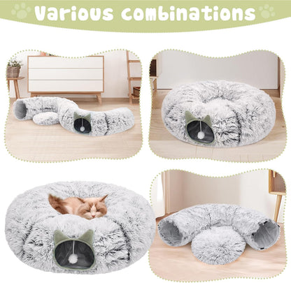 Cat Tunnel Bed for Indoor Cats, Soft Plush Donut Peekaboo Cat Cave, Multifunctional Playground Toy for Small Medium Large Cats, Kittens, Rabbits, Ferrets, with Washable Cushion(Grey)