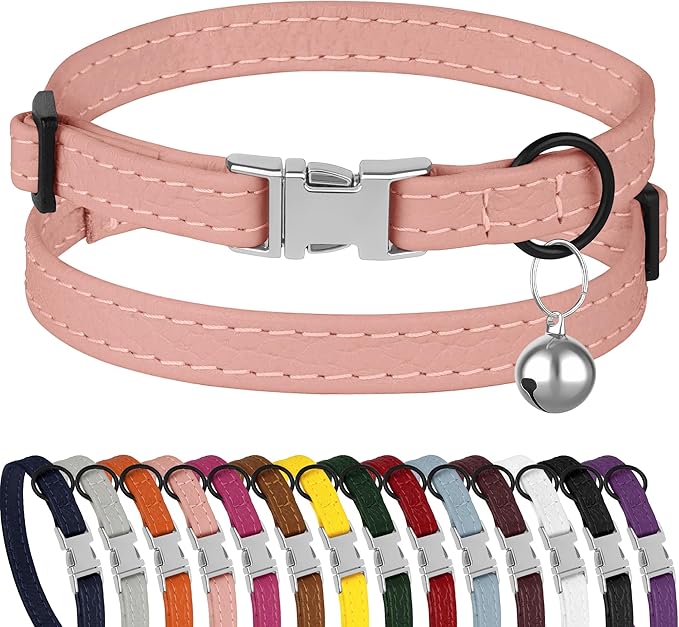 Leather Cat Collar with Buckle and Removable Bell - Non Breakaway Adjustable Soft Safety Small Pet Collars for Girl Boy Cats Kitten (Flamingo)
