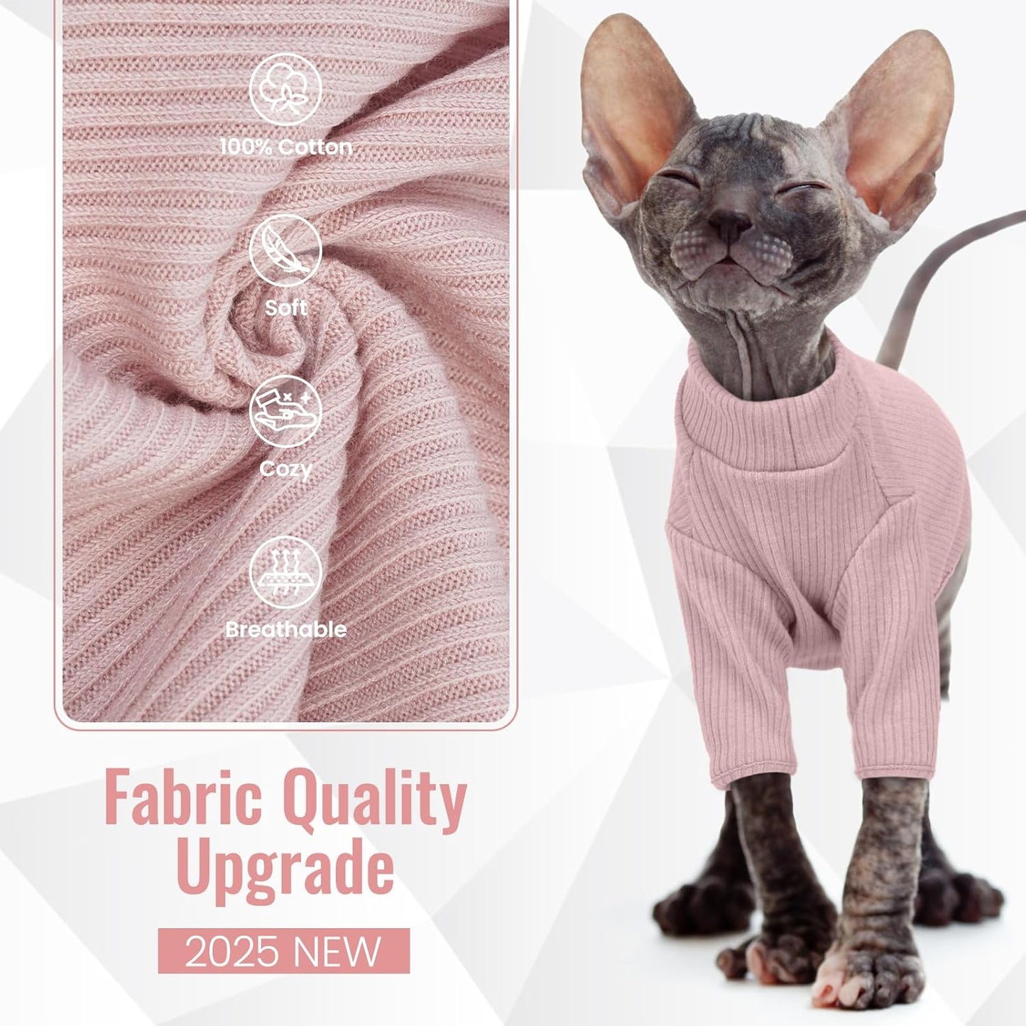 DENTRUN Sphynx Hairless Cats Shirt Pullover Kitten T-Shirts, Breathable Cat Wear Turtleneck Sweater Adorable Cat's Clothes Vest Pajamas Jumpsuit