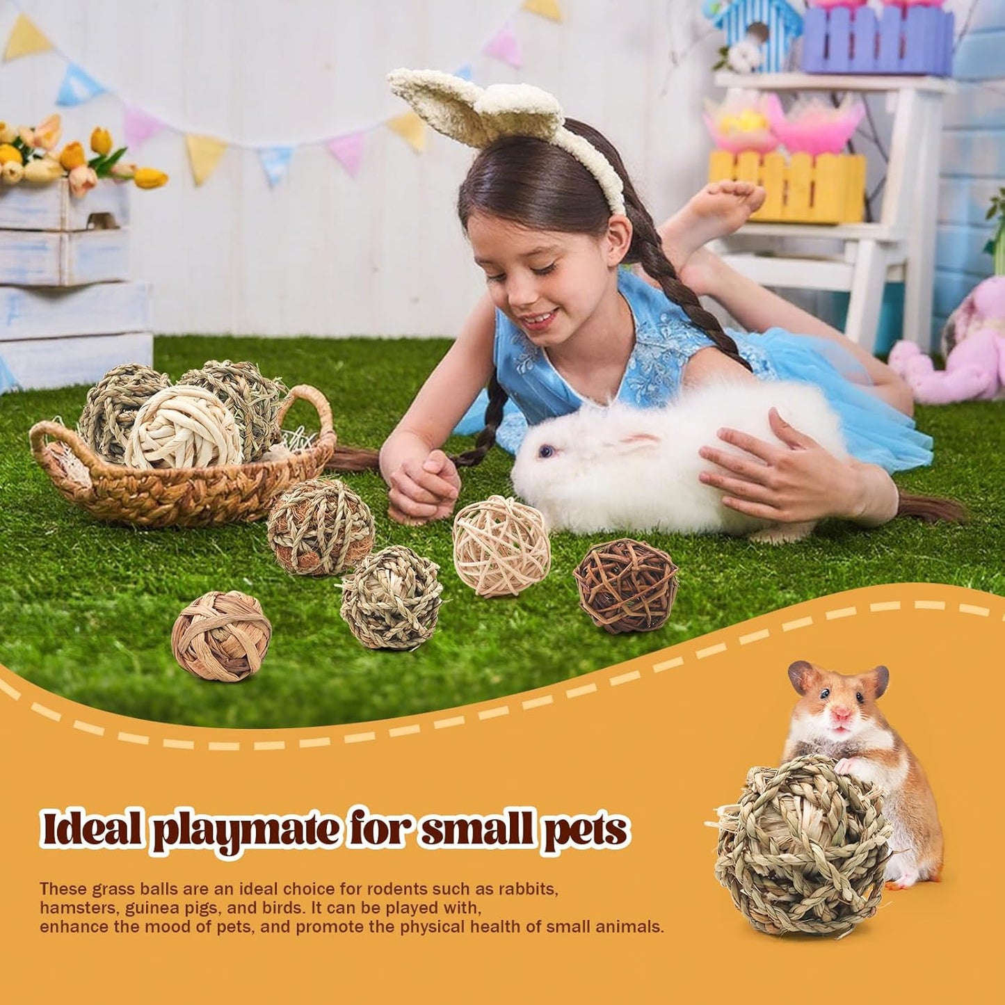 17 Pcs Bunny Chew Grass Balls, Hangable Natural Handmade Enrichment Toys for Teeth Grinding, Enrichment Treats for Rodents Rabbits Guinea Pigs Chinchillas Hamsters Mice, Rolling Chew Toys (2.4")