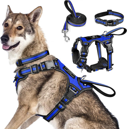 WINSEE All-in-One Reflective Dog Harness, Collar & Leash Set, No Pull with Adjustable Buckles, X-Large, Dark Blue