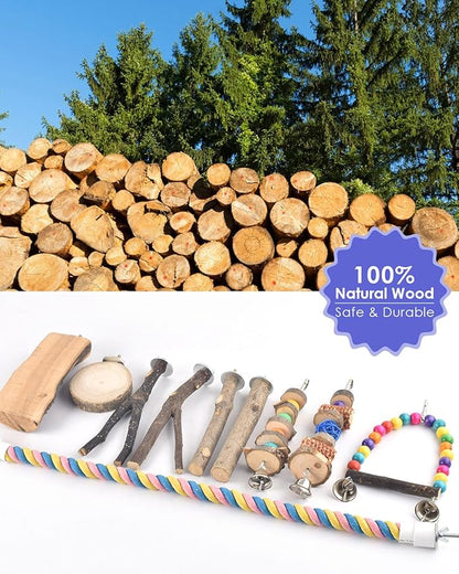 Bissap 10 PCS Bird Chew Toys, Parakeet Natural Wood Parrot Hanging Cage Toy Swing Rope Paw Fork Perch Stand Platform for Small Birds Conure Cockatiel Parrotlet Lovebird Budgie Exercise Training