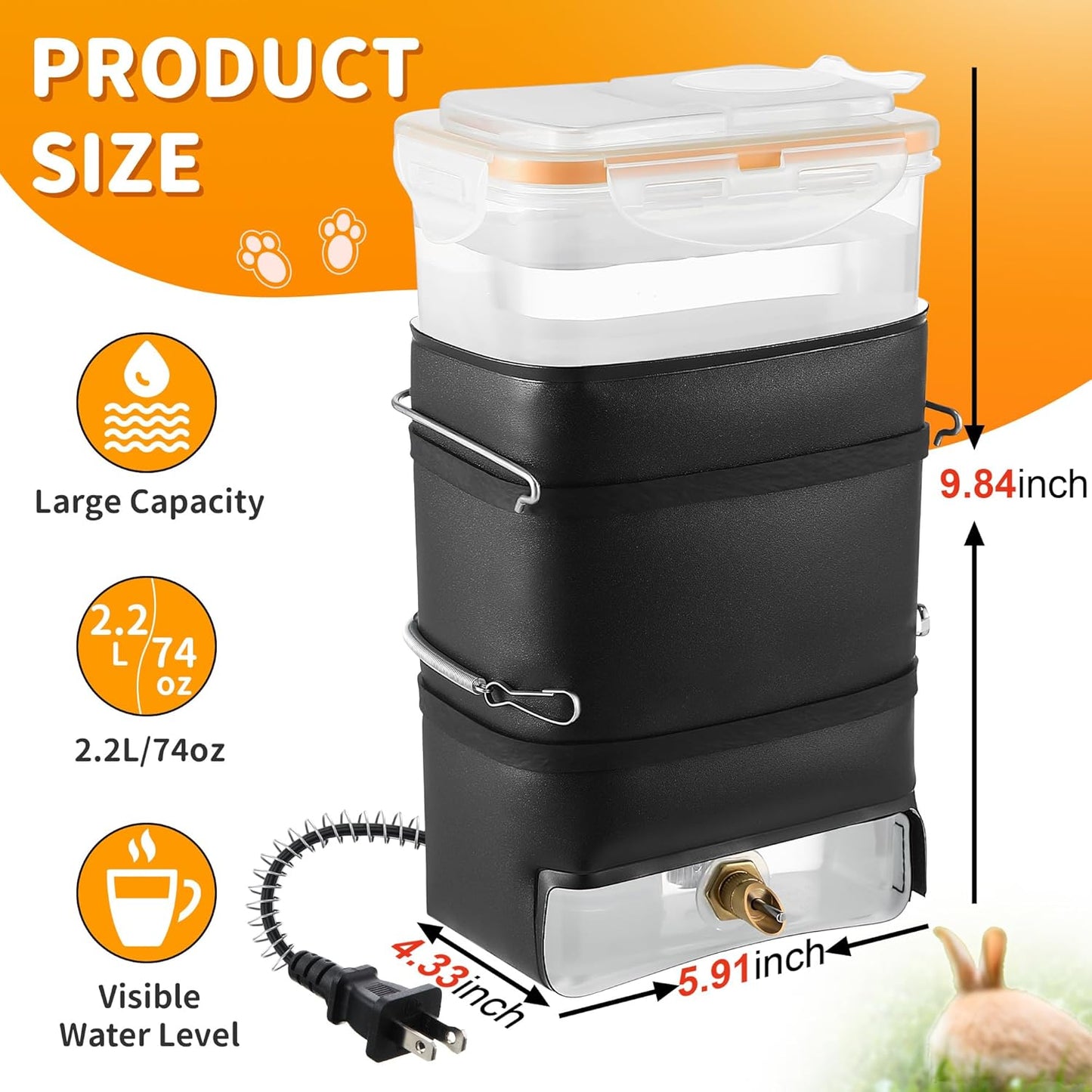 2 Pack 74 oz Heated Rabbit Water Bottle, Large Rabbit Water Dispenser No Drip, Bunny Bottle, Heated Small Animal Drinker for Pets, Rabbits, Guinea Pigs, Hamster, Ferrets, Birds, Mouse, Rats