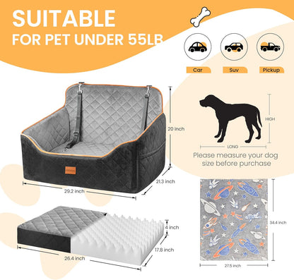 Dog Car Seat for Medium Dog, Booster Seat for Dogs Under 55lb, Elevated Pet Seat with Pocket, Anti-Slip Bed for Car, Perfect for Back Seat & Trunk with 2 Safety Leashes (Black/Grey, Large)