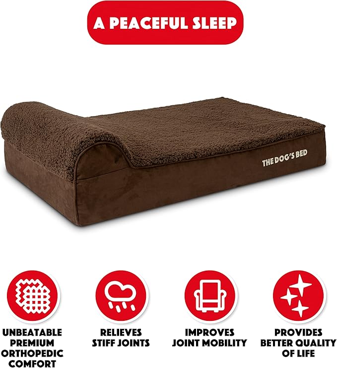 The Dog’s Bed Orthopedic Headrest Dog Bed Large Brown Plush, Memory Foam, Pain Relief for Arthritis, Hip & Elbow Dysplasia, Post Surgery, Lameness, Waterproof Washable Cover