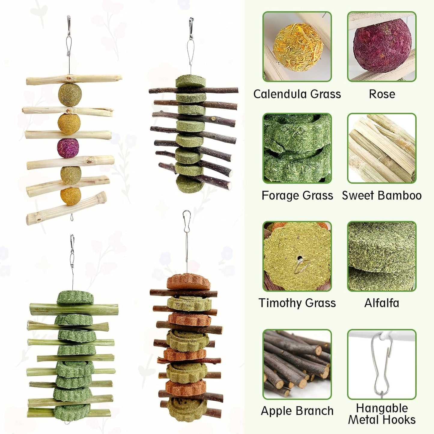 Hamiledyi 4PCS Bunny Chew Toys Rabbit Toys for Teeth Grinding Natural Fruit Sticks Timothy Grass Small Animal Chew Toys and Treats for Guinea Pig Hamster Chinchilla Squirrel