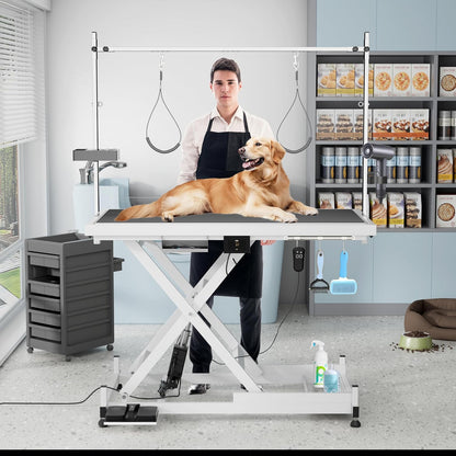 50" Electric Dog Grooming Table 9"- 37" Height Adjustable Heavy Duty Professional Lift Dog Grooming Table for Large Dogs with 2 Nooses, 4in1 Comb & Nail Care Set, Blow Dryer Clip White