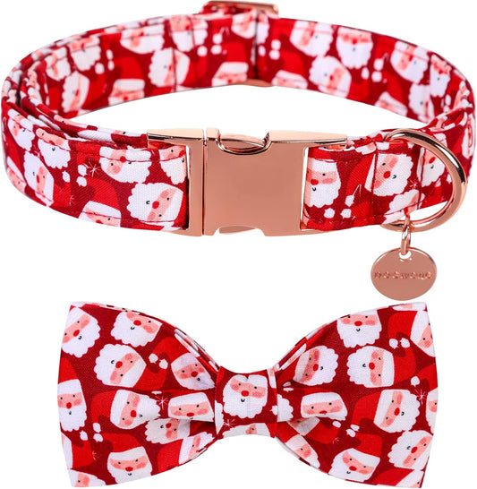 DOGWONG Christmas Dog Collar with Bow tie, Red Santa Claus Dog Collar Soft Durable Adjustable Cotton Puppy Collar for Small Medium Large Dog