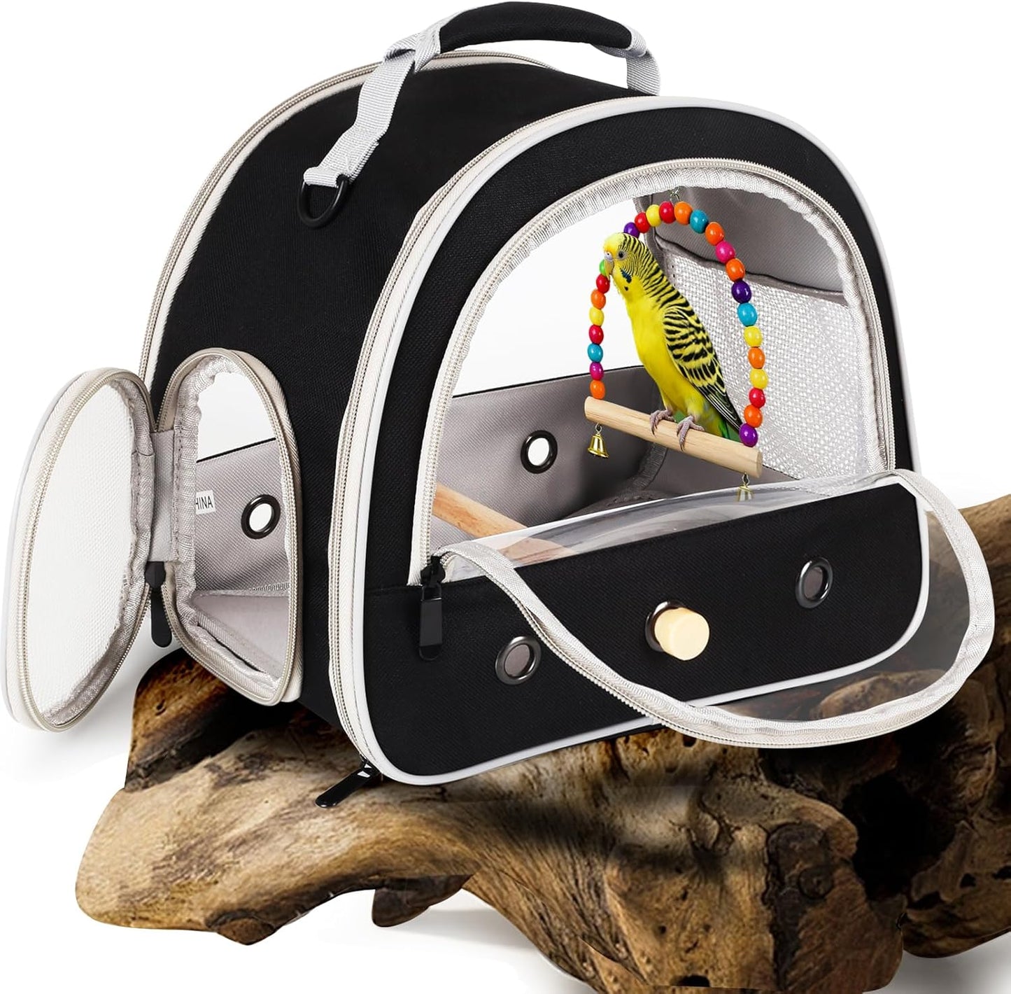 Portable Parrot Travel Cage Carrier with Small Swing Toy&Cage Colorful Toys Set Small Bird Parakeet Bag with Standing Perch Bird Carry Transport Bag (Black, Carreir/Swing)