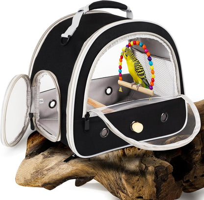 Portable Parrot Travel Cage Carrier with Small Swing Toy&Cage Colorful Toys Set Small Bird Parakeet Bag with Standing Perch Bird Carry Transport Bag (Black, Carreir/Swing)
