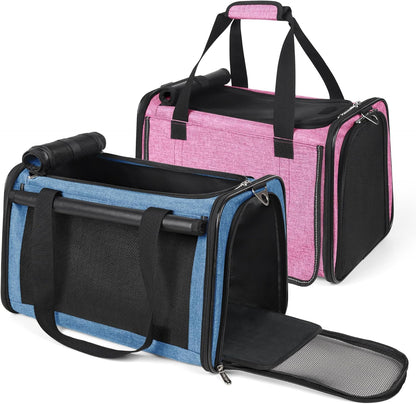 YUDODO 2 Packs 25 lbs Lightproof Soft Sided Pet Carrier for Large Cat & Small Dog Airline Approved Travel Bag Puppy Carriers with Side Pockets & Reflective Mesh, Foldable Portable Pink+Lake Blue