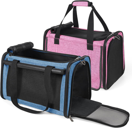 YUDODO 2 Packs 25 lbs Lightproof Soft Sided Pet Carrier for Large Cat & Small Dog Airline Approved Travel Bag Puppy Carriers with Side Pockets & Reflective Mesh, Foldable Portable Pink+Lake Blue