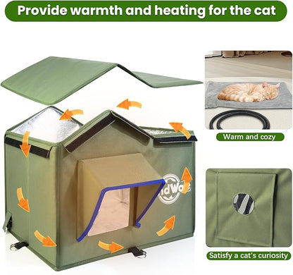 Heated Cat House for Outside Outdoor Cat House with Elevated Base Cat-Attracting Eave Design Feral Stray Shelter Weatherproof in Winter Garage Yard Porch Size M