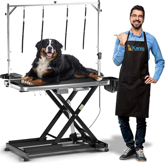 KANIS Professional Electric Dog Grooming Table - Heavy Duty, Height Adjustable Pet Grooming Table w/Leveling Wheels, Grooming Arm, Anti Slip Tabletop & Tool Organizer/Dog Grooming Station (49", BLACK)