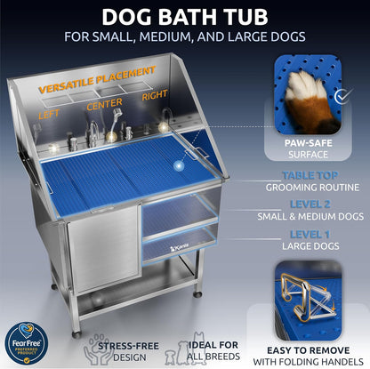 KANIS Professional Dog Washing Station - 304 Stainless Steel Pet Wash Sink & Grooming Bathtub w/Shower, Floor Grates and Storage for Large, Medium & Small Pets (40", Shelf - Left Ramp)