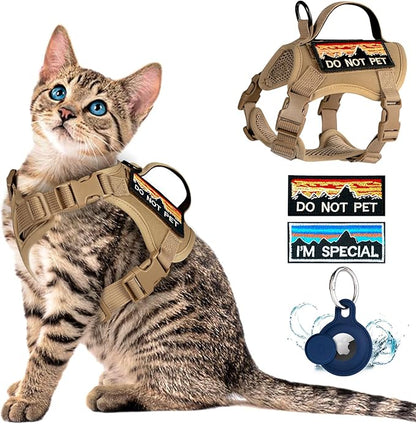 Tactical Cat Harness for Walking, Adjustable Escape Proof Pet Vest for Large Cat,Easy Control Breathable Cat Vest with Handle，Molle Patches (Khaki, L)