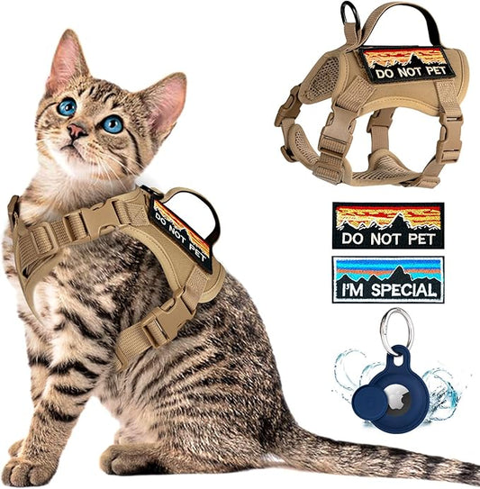 Tactical Cat Harness for Walking, Adjustable Escape Proof Pet Vest for Large Cat,Easy Control Breathable Cat Vest with Handle，Molle Patches (Khaki, L)