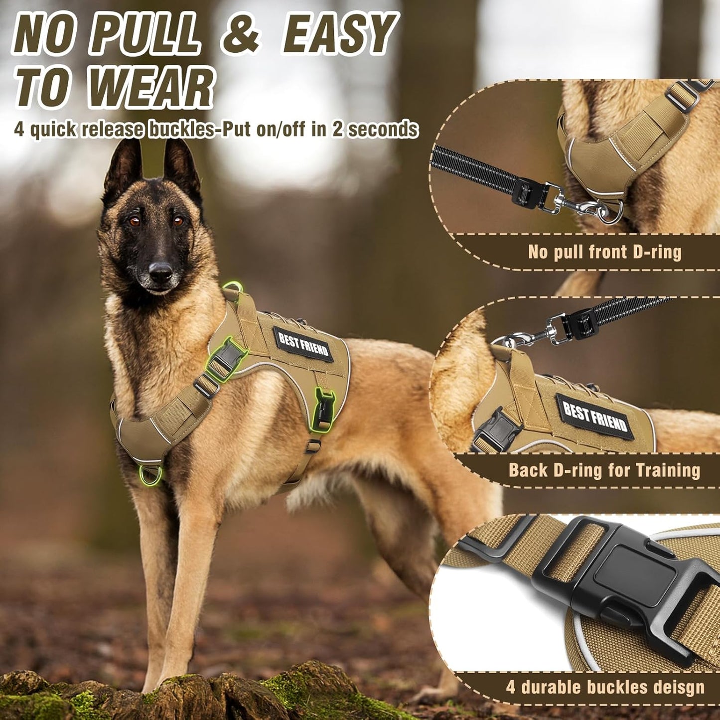 Tactical Dog Harness for Large Dogs,No Pull Military Dog Vest with Handle,Reflective Heavy Duty Pet Harness for K9 Working Walking Hiking Training Brown XL