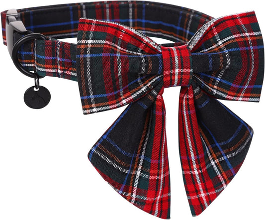DOGWONG Cotton Dog Collar with Bowtie, Stylish Christmas Dog Bow Red Plaid Dog Collar Adjustable Puppy Necklace for Small and Medium Dogs
