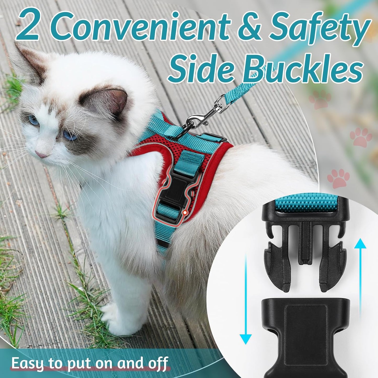 rabbitgoo Cat Harness and Leash for Walking, Escape Proof Soft Adjustable Vest Harnesses for Cats, Easy Control Breathable Reflective Strips Jacket, Red & Teal, XS