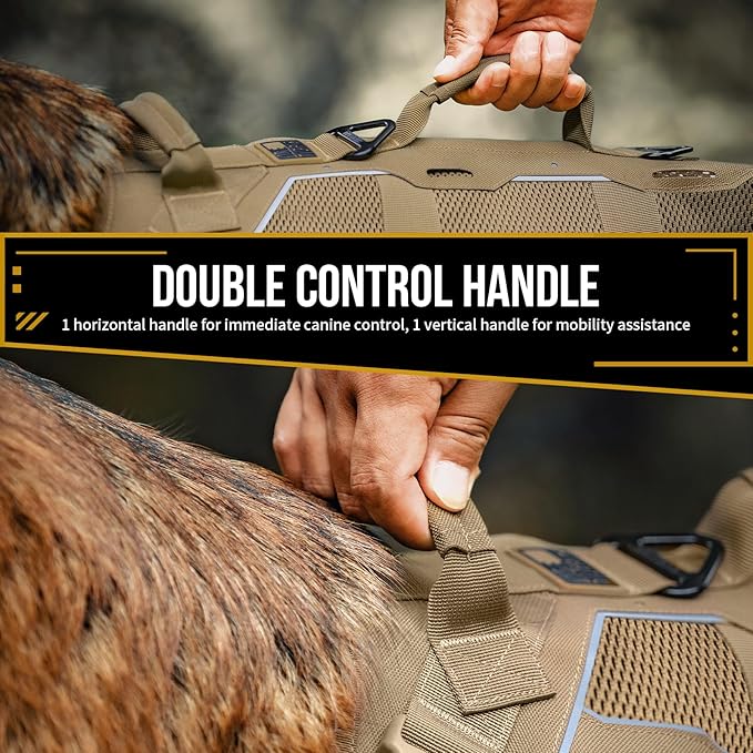 OneTigris Tactical Dog Harness for Large Dogs, Adjustable Tactical Dog Harness with Handles, Reflective Vest Heavy Duty & Breathable Military Assistance Vest with No Pull Buckle, Brown