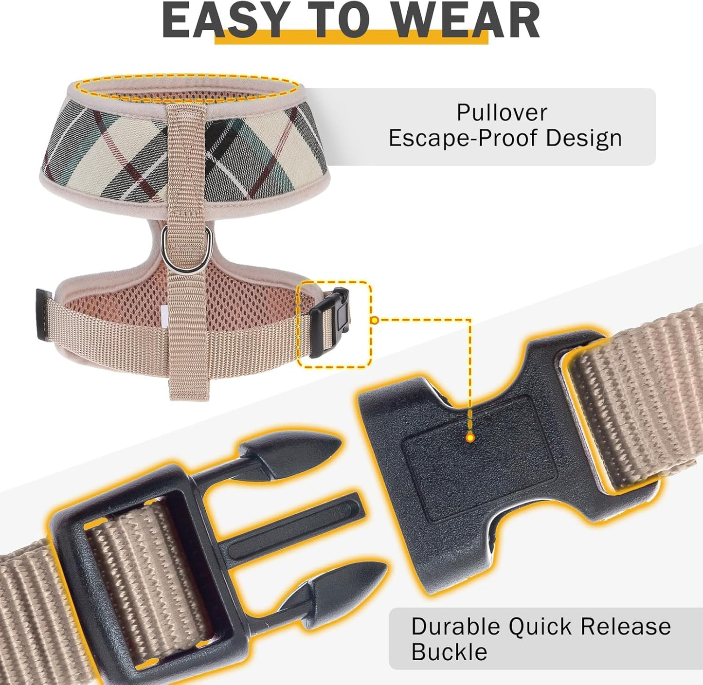 SCENEREAL No Pull Small Dog Harness Collar and Leash Set, Soft Mesh Step in Plaid Puppy Harnesses for Fall Winter, No Chock Adjustable Pet Vest for Outdoor Walking Training and Running, Beige S