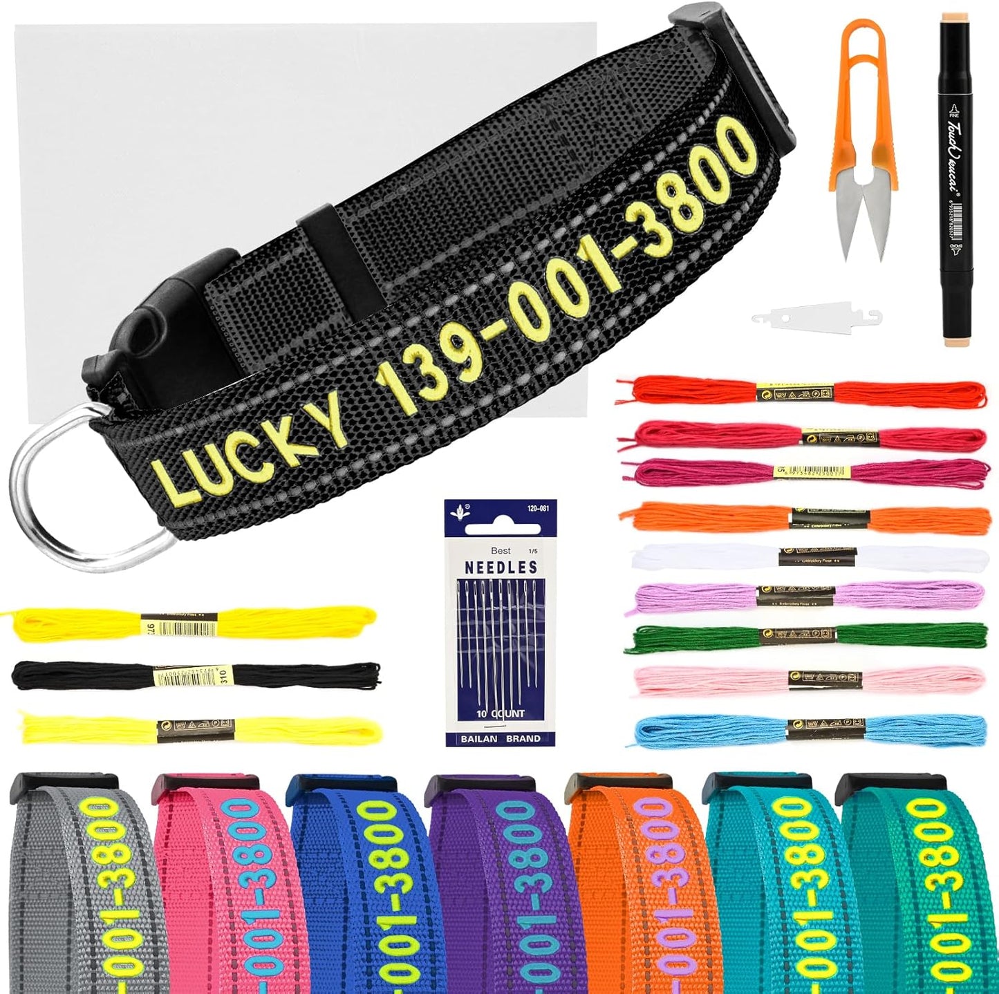 Personalized Embroidered Dog Collar - Custom Hand-Stitched Name & Number, Reflective Adjustable Pet Collar for Small/Medium/Large Dogs & Cats, Durable Nylon with Steel D-Ring (Black, Large)