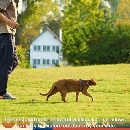 Cat Harness and Leash Set - Escape Proof Adjustable Cat Harness, Comfortable Soft Lightweight, Use Safe & Easy, Walking Travel Kitten Harness for Small Medium Large Cats (Trail 66 Blue)