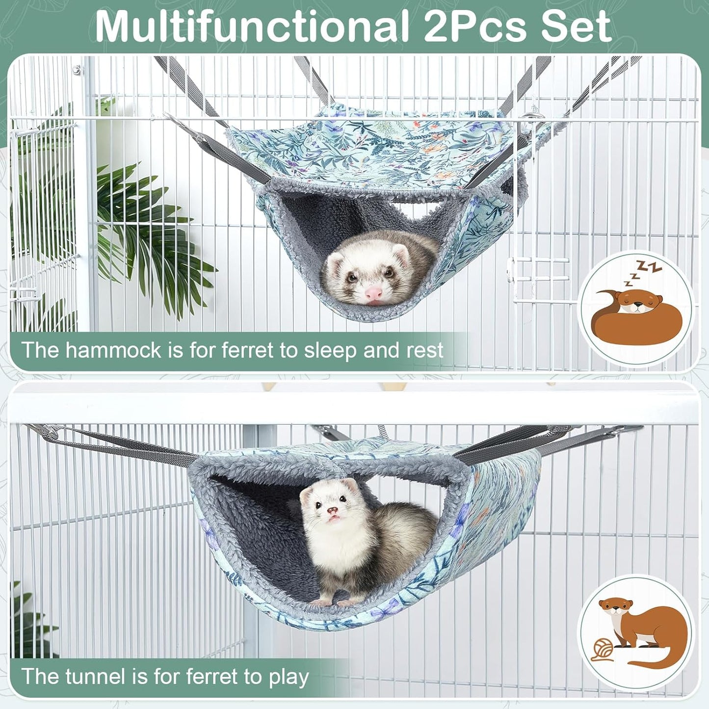 Bienbee 2 Pcs Ferret Rat Hammock Set for Cage Washable Guinea Pig Hideout Bed Soft Small Animal Hammock Tunnel Toys Ferret Cage Accessories for Hedgehog Sugar Glider Squirrel Hamster
