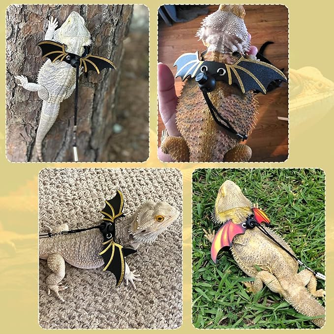 Pawaboo Adjustable Bearded Dragon Harness and Leash, 3 Size Leather Reptile Leash Outdoor Harness Leashs with Bat Wings for Lizard Reptiles Amphibians Small Pet, Small/Medium/Large, Brown