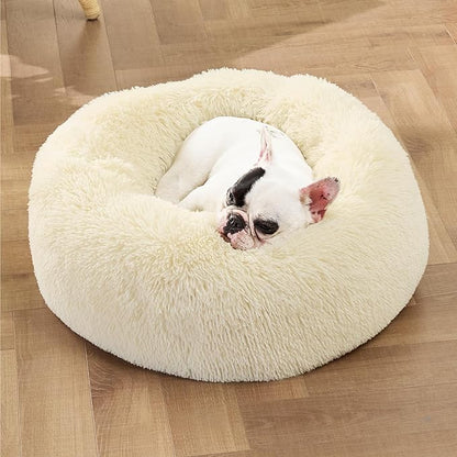 Bedsure Calming Dog Bed for Small Medium Dogs - Donut Washable Medium Pet Bed, 27 inches Anti-Slip Round Fluffy Plush Faux Fur Cat Bed, Ivory Beige