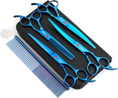 7.0in Titanium Professional Pet Grooming Scissors Set, GEMEK 6 in 1 Straight & Thinning & Upwards Curved & Downwards Curved Scissors & Comb for Dogs, Cats (Blue)