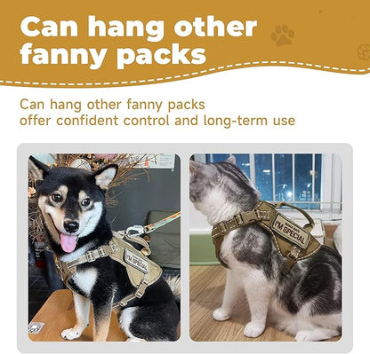 Tactical Cat Harness Adjustable Soft Padded Training Walking Esacpe Cat Vest Harness No-Pull Pet Harness Reflective with Easy Control Handle (Khaki, Leash-XL)