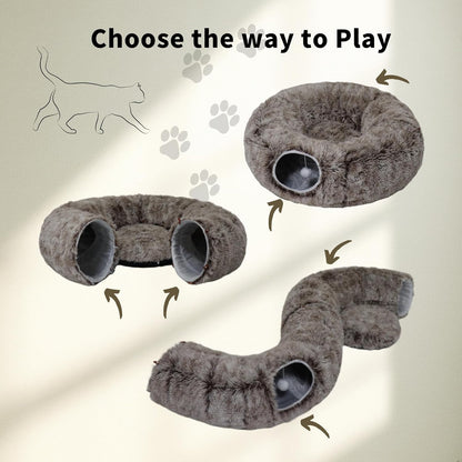 Cat Tunnel Bed for Indoor Cats with Washable Cushion Cat Cave Donut Tunnel with Fluffy Ball Big Round Tube Pet Playground Toys Soft Plush Peekaboo for Kitten, Cat, Puppy, Rabbit, Ferret（Brown）