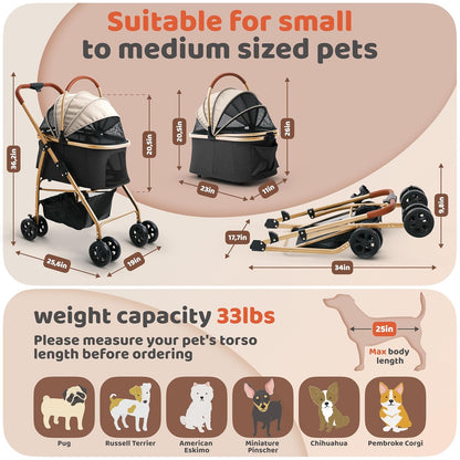 Pet Stroller for Small Medium Dogs & Cats – 2-in-1 Detachable Carrier, Zipperless Entry, Lightweight Folding Travel Stroller with Storage Basket, Cup Holder, Black&Beige