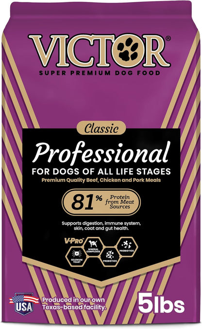 VICTOR Super Premium Dog Food – Professional Kibble Food – Super Premium Kibble with 26% Protein – Gluten-Free with Beef, Chicken & Pork Meals – for High Energy and Active Dogs & Puppies, 5lbs