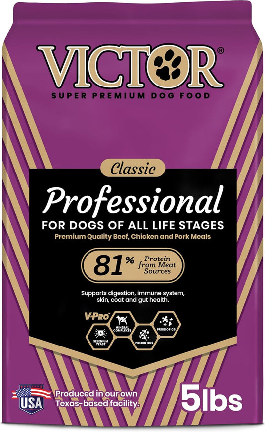 VICTOR Super Premium Dog Food – Professional Kibble Food – Super Premium Kibble with 26% Protein – Gluten-Free with Beef, Chicken & Pork Meals – for High Energy and Active Dogs & Puppies, 5lbs